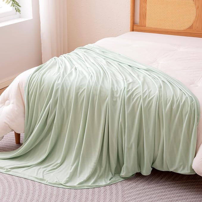 Amazon Basics Striped Cooling Blanket for Hot Sleepers, Reversible Lightweight Thin Throw Blanket for Bed, Couch and Sofa, Twin XL (60" x 90"), Aloe Green Striped