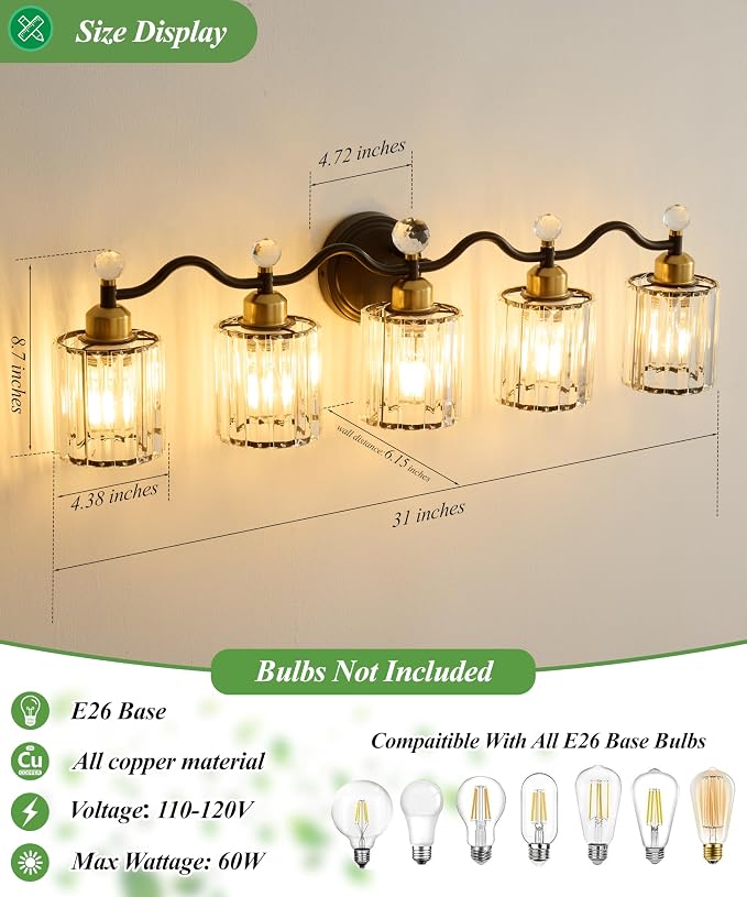 Black&Gold Bathroom Vanity Light Fixtures Over Mirror,5-Light Crystal Bathroom Light Fixtures,Vanity Light Fixtures Over Mirror,Wall Sconce with Clear Crystal Glass Shade, Kitchen, Living Room