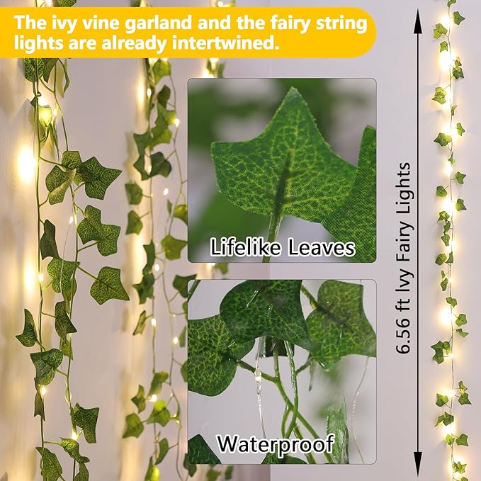 2 Pack Vines with Lights Battery Operated, 6.56ft 20 LED Vines with Fairy Light, Leaf Light with 8 Modes, Fake Vines Ivy String Lights for Bedroom, Wall, Room, Garden, Party Decor