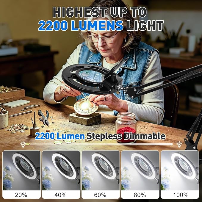 12X 30X Magnifying Glass with Light, KIRKAS 2,200 Lumens LED Magnifier Lamp | with Clamp, Stepless Dimmable Real Glass Lens, Adjustable Arm Workbench Light for Close Work Hobby Repair Craft - Black