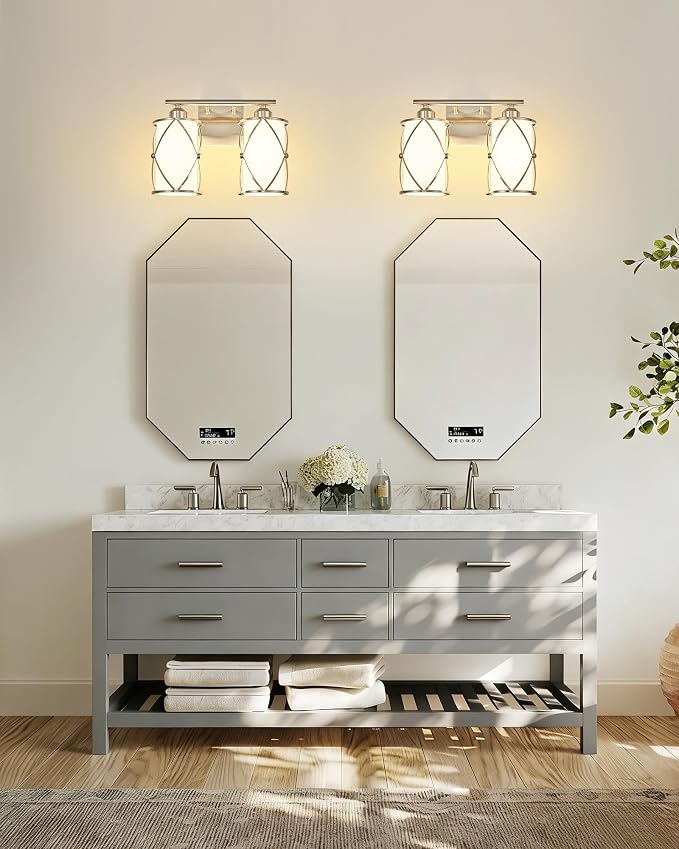 2-Light Brushed Nickel Bathroom Light Fixtures with Milk Frosted Glass, 13" Modern Bathroom Vanity Lighting Fixtures Over Mirror with Metal Cage, Wall Sconce Light for Bath, E26, CH9176BNW-2W
