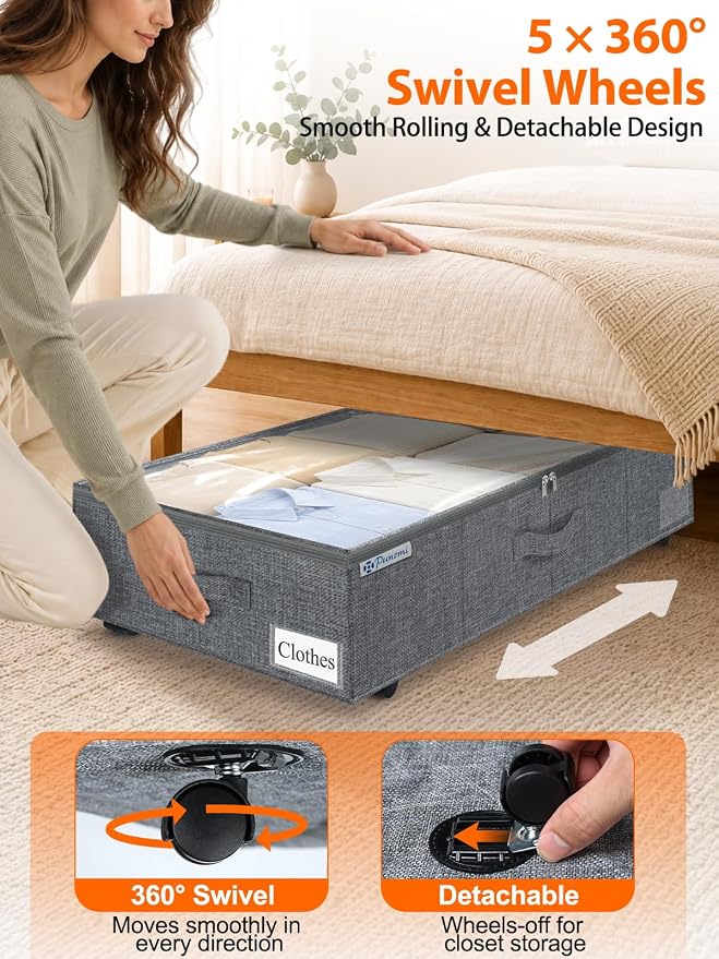 punemi 10 inch Tall Under Bed Storage Bins with Wheels, 2-Pack, Gray | Clear Lids, 5-Wheel Rolling Organizers for Clothes, Shoes and Blankets, Underbed, Closet & Dorm Organizataion