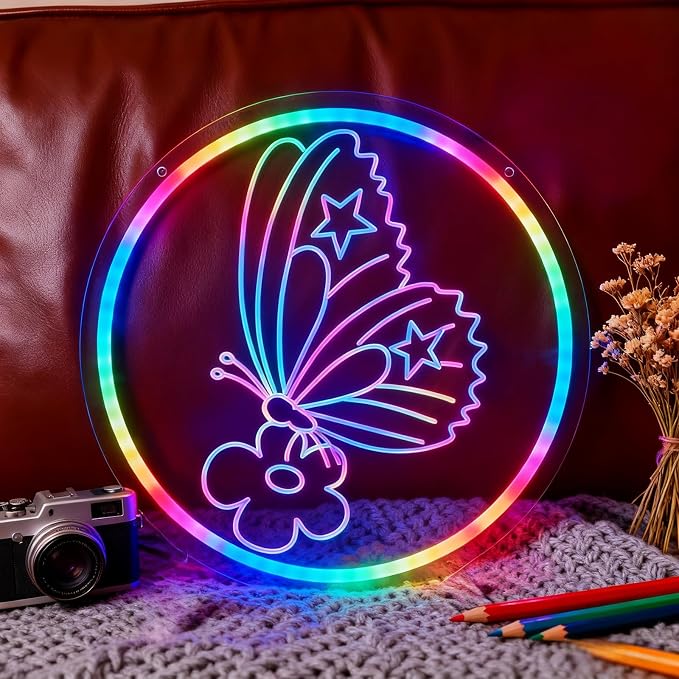 Butterfly Decorations - Single Color/Multi-Color Dimmable Neon Sign | 13“ x 13” 6.5ft USB Powered Kids Bedroom Art, Unique Birthday Gifts for Girls Boys