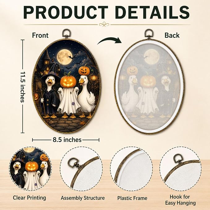 Halloween Duck Oval Wall Art, Framed Canvas Decor, 8.5x11.5 Inch | Halloween ducks in witch and pumpkin costumes, full moon haunted house decor
