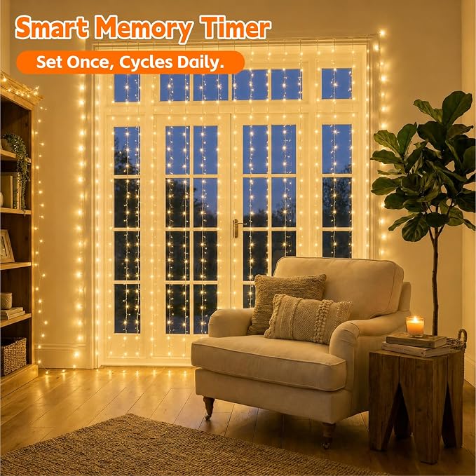 Curtain String Light, 200LED 6.6x6.6ft, Remote & 8 Modes, USB | Window Wall Hanging String Lights, For Bedroom, Wedding, Party, Home, Garden and Indoor Decorations, Warm White