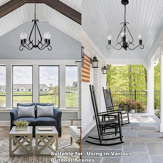 Solar Chandelier Outdoor, 4-Lights 23" Rustic Farmhouse Industrial Iron Chandeliers Waterproof Dimmable Hanging Pendant Lights for Gazebo, Pergola, Canopy, Tent Decor