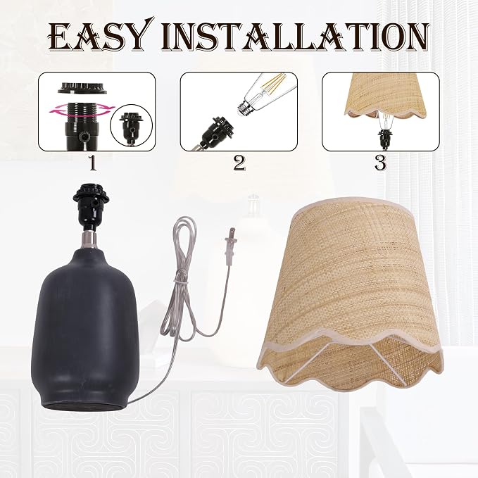 Set of 2 19" Modern Ceramic Table Lamp for Living Room Cream Base Desk Lamps for Bedroom Farmhouse Bedside Nightstand Lamp End Table Lamps,Black,Rattan Shade