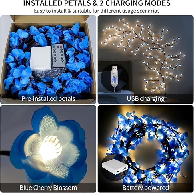 7.55FT 144LED Blue Cherry Blossom Tree Branch Lights for Wall, Battery Box | Cherry Enchanted Willow Vine Lights with Remote Timer,8 Light Model,Bedroom Wall Wedding, Christmas,USB Battery Box
