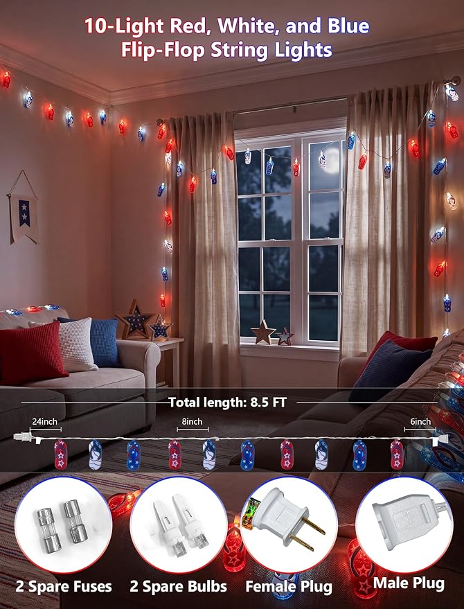 8.5Ft Tropical Beach Slipper String Lights, 4th of July American Flag | Plug in,10 LED Bulbs, Independence Day Decoration Flip Flop Lights for Patriotic Party Festival National Day, White Wir