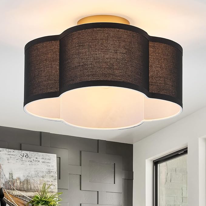 VILUXY Black Semi Flush Mount Ceiling Light Fixture, 4-Light Modern Ceiling Light with Linen Fabric Shade Farmhouse Drum Close to Ceiling Light for Bedroom Hallway Nursery Entryway, UL Listed