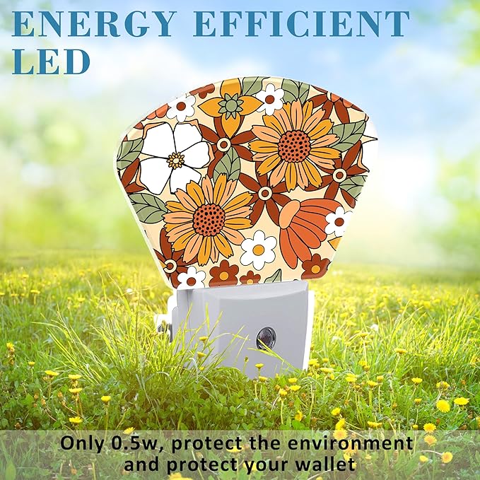 Retro Floral Plug in Night Lights, Groovy Flower Nightlight Plug Into Wall Dusk to Dawn Sensor for Kid Girls Boys Women Men Bedroom, Hallway, Kitchen, Bathroom, Stairs Decor