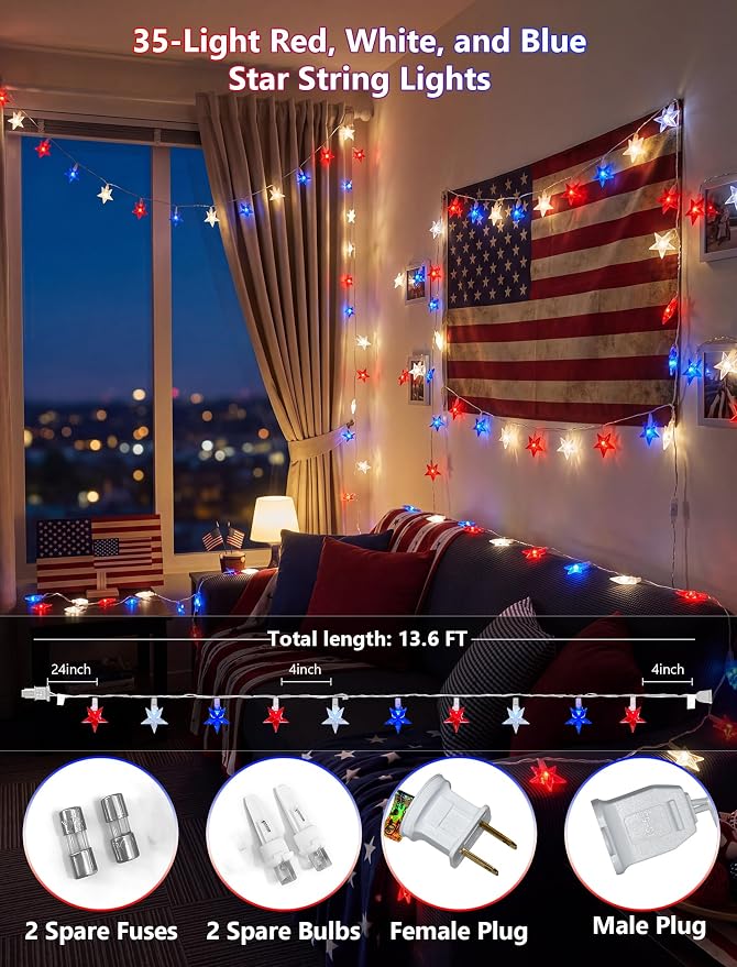 35 Red White and Blue Star Lights, 13.6Ft 4th of July String Lights | Plug in, Connectable, UL Certified, Five Star LED Bulbs, Home Decorations for Independence Day Patriotic Party, White Wire