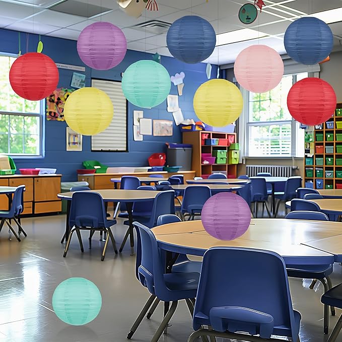 12PCS Boho Rainbow Hanging Paper Lanterns, Colorful Pastel 10” Paper Lanterns for Back to School Classroom Ceiling Decor, Party, Baby Shower, Wedding, Birthday & Bridal Shower Decorations