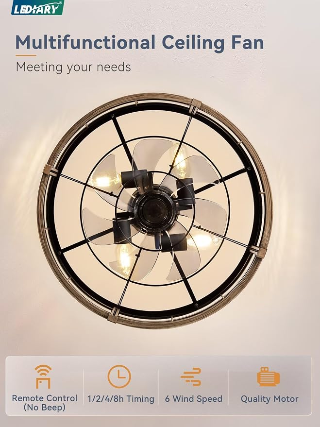 LEDIARY 20 inch Fandelier Caged Ceiling Fan with Light and Remote, Brown | 6 Speed Adjustable,Timing, Quiet & Powerful DC, Small, Farmhouse, Industrial, Enclosed, Bladeless, Bedroom, Kitchen, Downrod