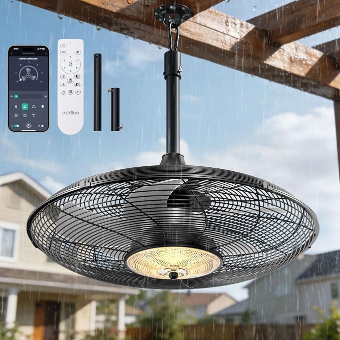 addlon 20" Outdoor Ceiling Fan with Light for Patio, IP65 Plug in Caged Fan | Waterproof, Hanging, Reversible DC Motor, 6 Speeds, Remote/APP Control, Quiet Operation, Timer, for Gazebo, Patio, Porch