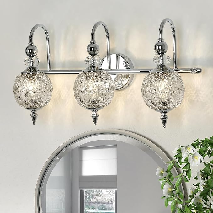 Piepooye Modern Bathroom Light Fixtures Polished Chrome Vanity Light with Glass Globe LampShade 3 Lights Mid Century G9 Bulb Wall Sconce Indoor Vanity Light Over Mirror for Bedroom Kitchen Hallway