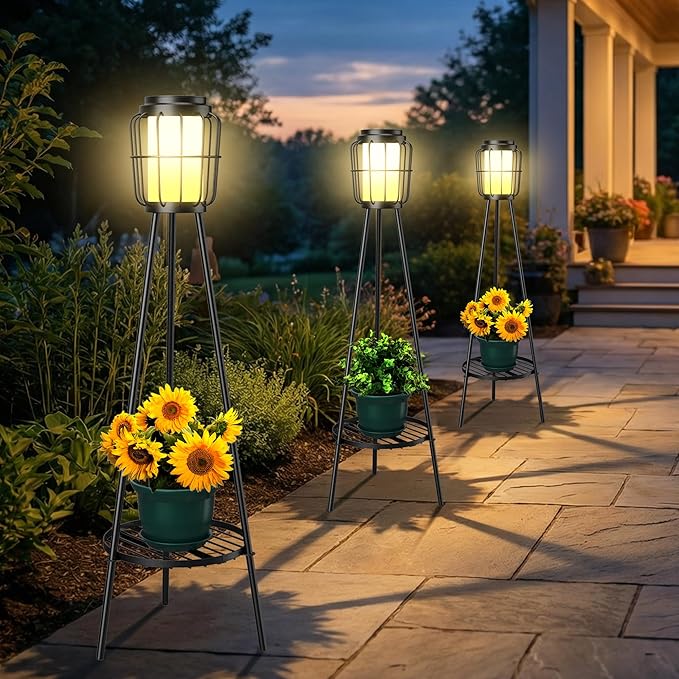 MXwcy 2 Pack Solar Lights Outdoor with Plant Stands - Solar Floor Lamp & Street Lights with Metal Tripod - Patio Decor for Garden, Yard, Pathway, Driveway, Porch