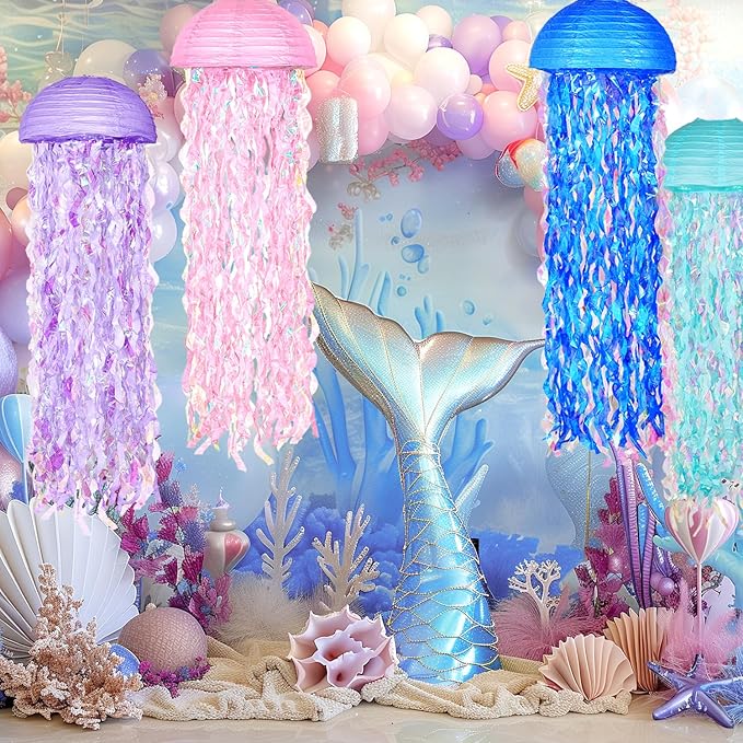 10" Mermaid Jellyfish Lanterns – Pink Purple Blue Decorations for Mermaid Birthday Party, Under the Sea Theme, Baby Shower, Ocean & Beach Room Hanging Decor (Set of 6)