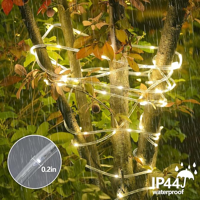 YEGUO Solar Rope Light Outdoor Waterproof, 66ft 200 LED Warm White String Lights, 8 Modes Tube Christmas Lights in Clear Thin Tube