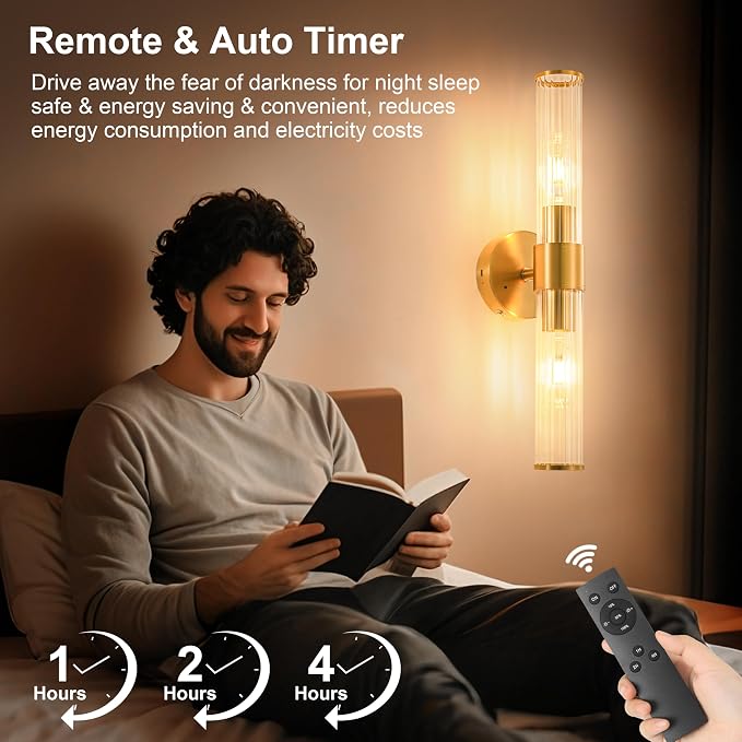 Morauroral Gold Battery Operated Wall Sconces Set of Two, Rechargeable Wall Sconce with Dimmable Remote Control, 20 Inch Wireless Sconce Wall Light for Bedroom, Living Room (Bulbs Included)