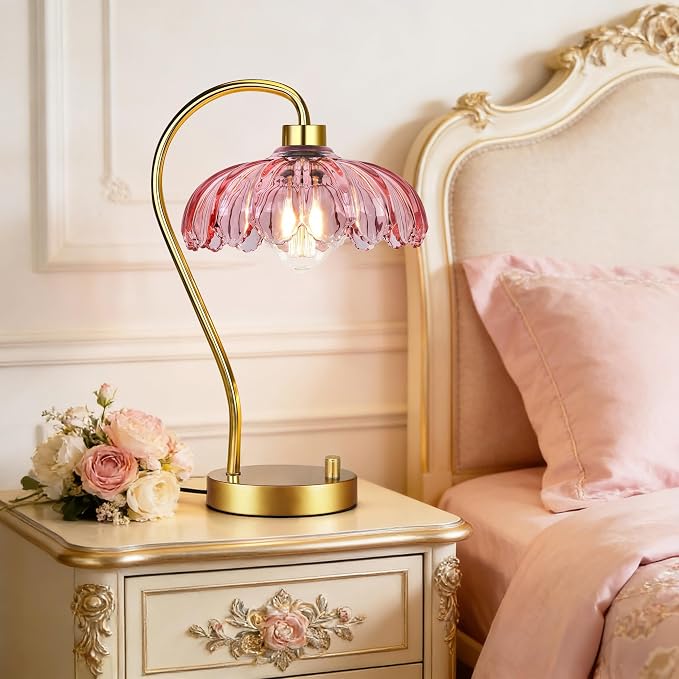 ILLMTW Pink Table Lamp Set of 2,Small Gold Bedside Lamps Dimmable Flower Bedroom Lamp with Glass Lamp Shade,Boho Vintage Mid Century Modern Mini Nightstand Lamp for Bedroom Living Room