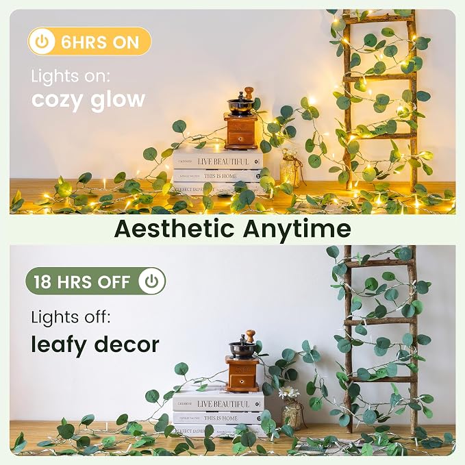 HEYFUNi 23FT Eucalyptus Garland with String Lights, Plug in | 73 Leds, Timer & Memory & 8 Modes, Greenery Eucalyptus Leaf Vine Lights for Bedroom, Wall, Wedding, Party, Summer Dorm Decor