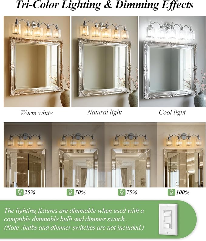 Bathroom Light fixtures,Chrome Vanity Lights for Bath,4-Lights Bathroom Vanity Lights Fixture with Clear Crystal Glass Shade, Modern Wall Light Over Mirror, Wall Sconces Light for Hallway