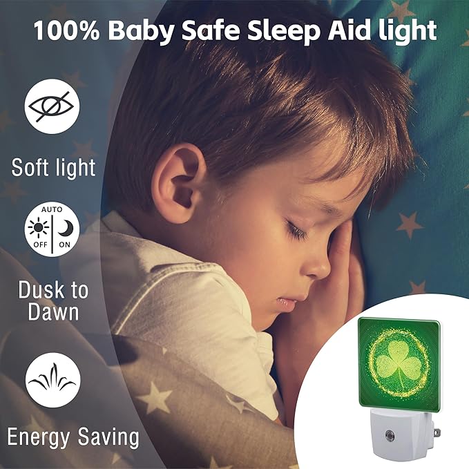 St Patrick's Day Shamrock Night Light Plug into Wall,Green Irish Clover Leaf Dusk to Dawn Night Light Plug in,0.5w Energy Saving Sleep Friendly NightLight for Kids Boys Girls Home Decor