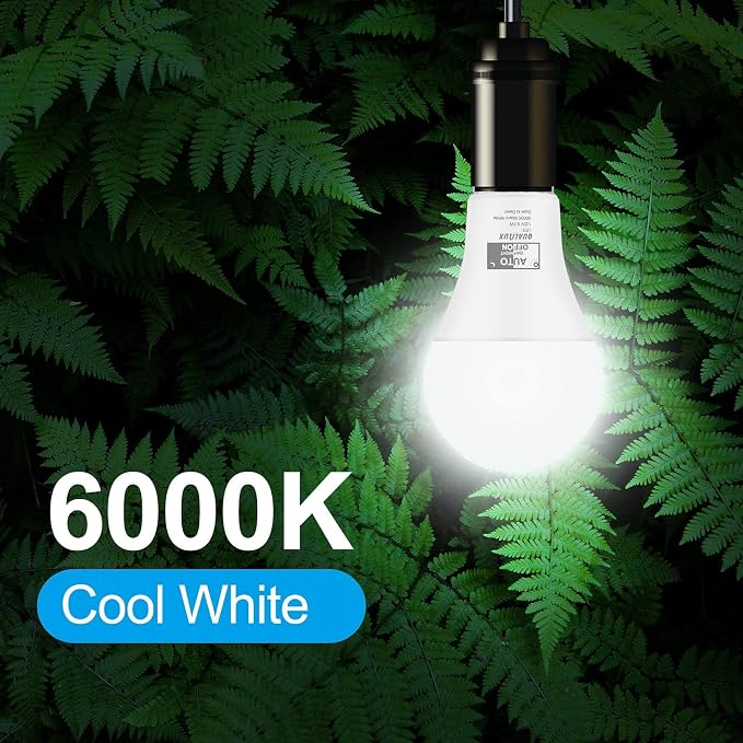 Qualilux Dusk to Dawn A19 LED Light Bulbs Outdoor, 850 Lumen, 60W Equivalent, Daylight Deluxe 6000K, 9.5W, E26 Base, 4-Pack, HQ-H010