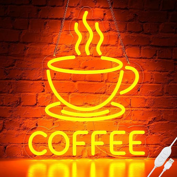 Coffee Neon Sign for Wall Decor Dimmable Modern Led Sign for Cafe Shop, USB Powered Coffee Cup Neon Signs Light Up for Cafe Station Accessories Art Decor Party Decorations(15.7 * 12.8inches)