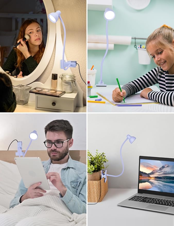 Clip on Lamp USB Reading Light, 3 Color Modes Purple | 10 Brightness Dimmable, Flexible Gooseneck Desk Lamp with Clamp, Eye Care Clip on Light for Bed Headboard Desk Home Dorm