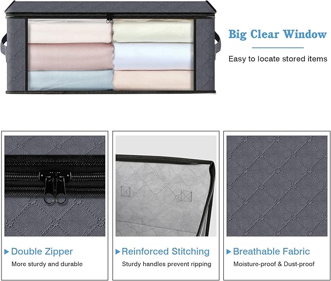 HomeHacks 6-Pack Clothes Organizer Storage Bags Foldable Storage Box with Large Clear Window Sturdy Handles for Closet, Dorm, Pillows, Bedding, Clothes, Stuffed Toys, Blankets, 35L, Grey | Foldable Storage Box Container with Zippers, Clear Window, Rein...