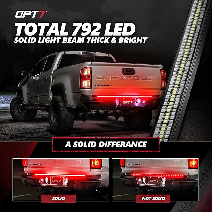 OPT7 Redline 48" Aluminum Truck Tailgate Light Bar w/Sequential Red Turn - Weatherproof Rigid 1-Piece Triple Row LED Strip - Dynamic Taillight w/White Reverse - Fits Tacoma, Colorado, Frontier, Canyon