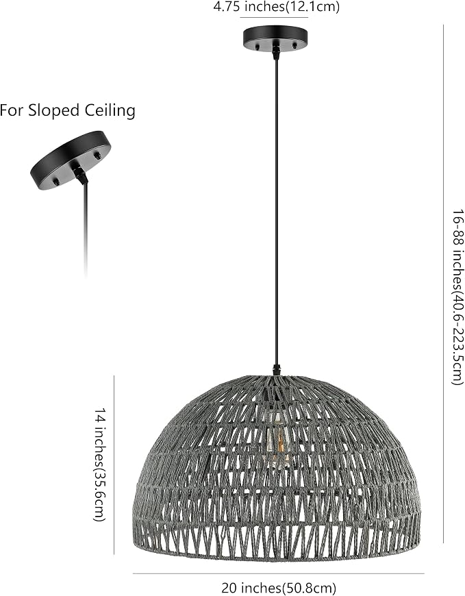JONATHAN Y Campana 1-Light Pendant Dome Ceiling Lamp, 20", Gray | Modern Coastal Farmhouse Decor, Adjustable Height, Woven Rope Metal Frame, LED Bulb Included, UL Listed