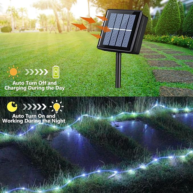 QITONG Solar Rope Lights, 2 Pack Each 33ft 100LED String Light Outdoor Waterproof, 8 Modes Fairy Lights in Clear Thin Tube