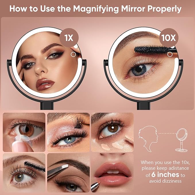 Lighted Makeup Mirror with 10X Magnification, Rechargeable LED Magnifying Vanity Mirror with 3 Lights, Adjustable Height, Storage Base and Phone Holder, Black, 7 inch