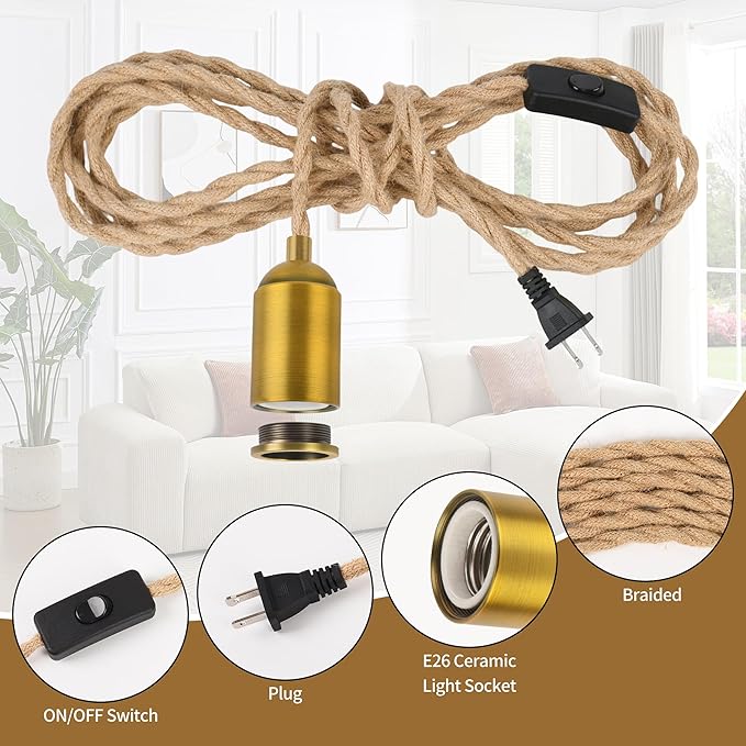 Plug in Pendant Light Kit with Switch - 15 FT Braided Woven Rope Light Bulb Cord, E26 Socket, Vintage DIY Hardwire Swag Lamp Kit for Pendant & Hanging Lights, Hemp Color