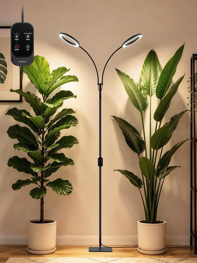 48W Grow Lights for Indoor Plants, Full Spectrum LED Plant Light with Stand | Dimmable, 3 Lighting Modes, 23"-79" Adjustable Height, Plant Growing Lamp with 3/9/12/16H Timer, Black Dual Heads Floor Lamp