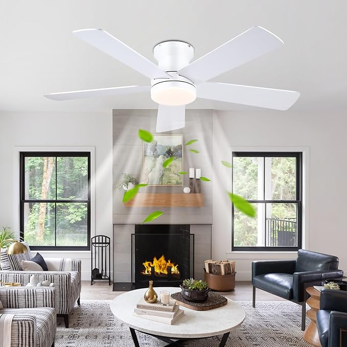 48In Ceiling Fan with Light Flush Mount - White Low Profile Ceiling Fan Light with Remote/APP, 5 Reversible Dual-Sided Blades, Modern Fan Light for Indoor Bedroom, Covered Outdoor