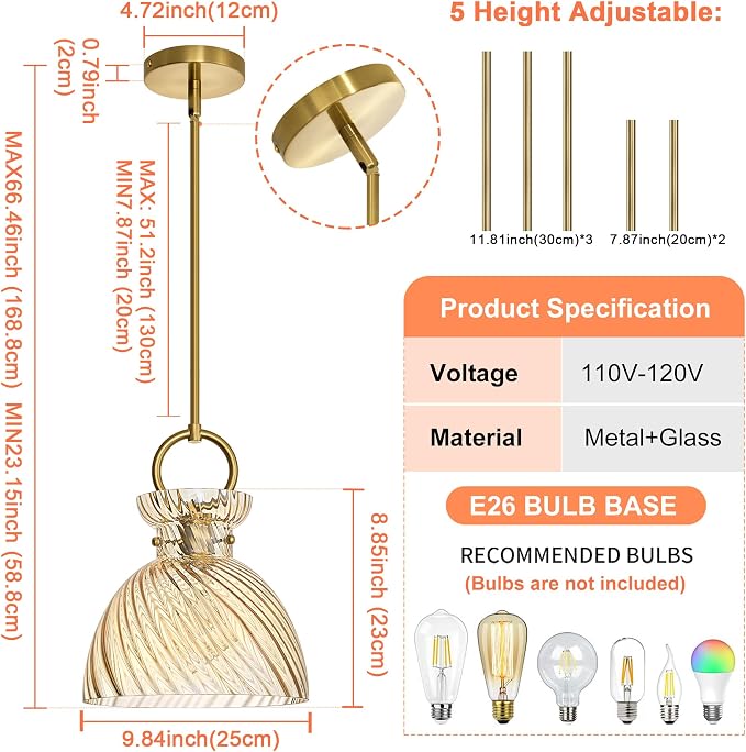 Gold Pendant Light Kitchen Island 9.84'' Striped Amber Glass Shade | Modern Pendant Lighting Over Sink, Adjustable Hanging Ceiling Light, E26 Dimmable Hardwired for Dining Room Hallway, 1-Pack