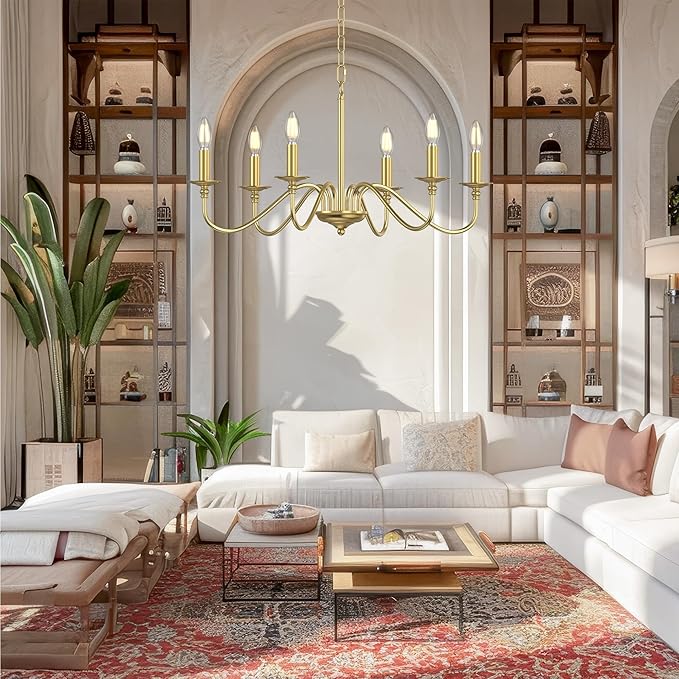 Rustic Farmhouse Candle Chandelier for Dining Room, 6-Light Rustic Black Iron Light Fixture with Classic S-Arm Design for Kitchen Island, Living Room, Foyer-Brass Gold