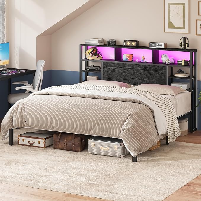 Homkdom King Bed Frame with Storage Headboard and Charging Station, Black | LED Lights,12.2" Under-Bed Storage,Supports up to 1100 LBS,No Box Spring Needed,Noise-Free,Easy Assembly