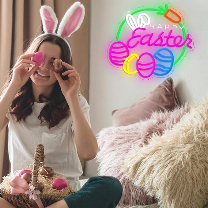 LISIGNVE Easter Neon Sign for Wall Decor Happy Easter Neon Lights with Cute Bunny Eggs LED Rabbit Carrot Light Signs for Bedroom Party Home Bar