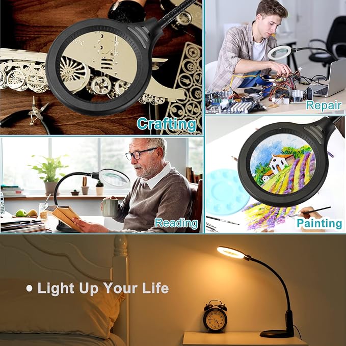 12X Magnifying Glass with Light and Clamp, 5 Color Modes Stepless Dimmable Lighted Magnifier with Stand, Flexible Gooseneck LED Desk Lamp Hands Free for Craft Reading Painting Hobby Close Work