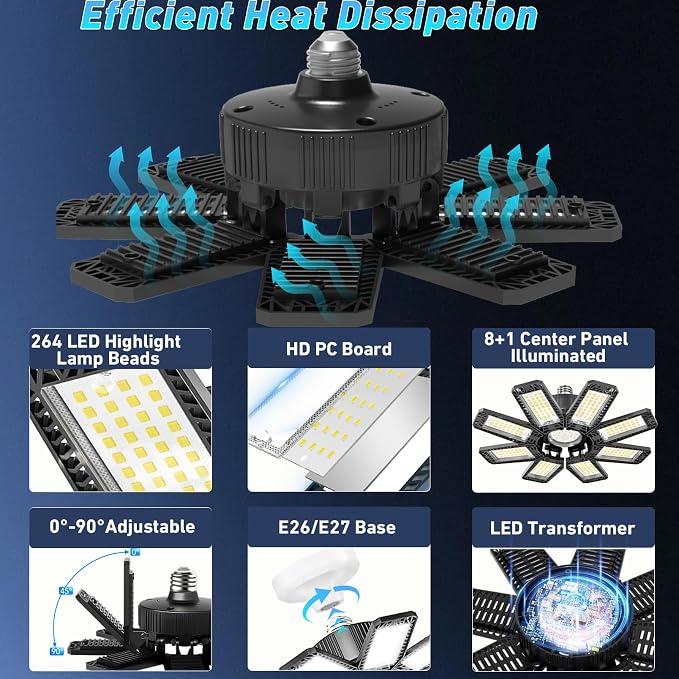 Garage Light - 240W 24000LM 6500K Garage Lights Ceiling LED with 8+1 Deformable Panels, E26/E27 Screw Socket in LED Shop Light for Workshop, Basement, Gym, Barn, Warehouse etc Bay Lighting
