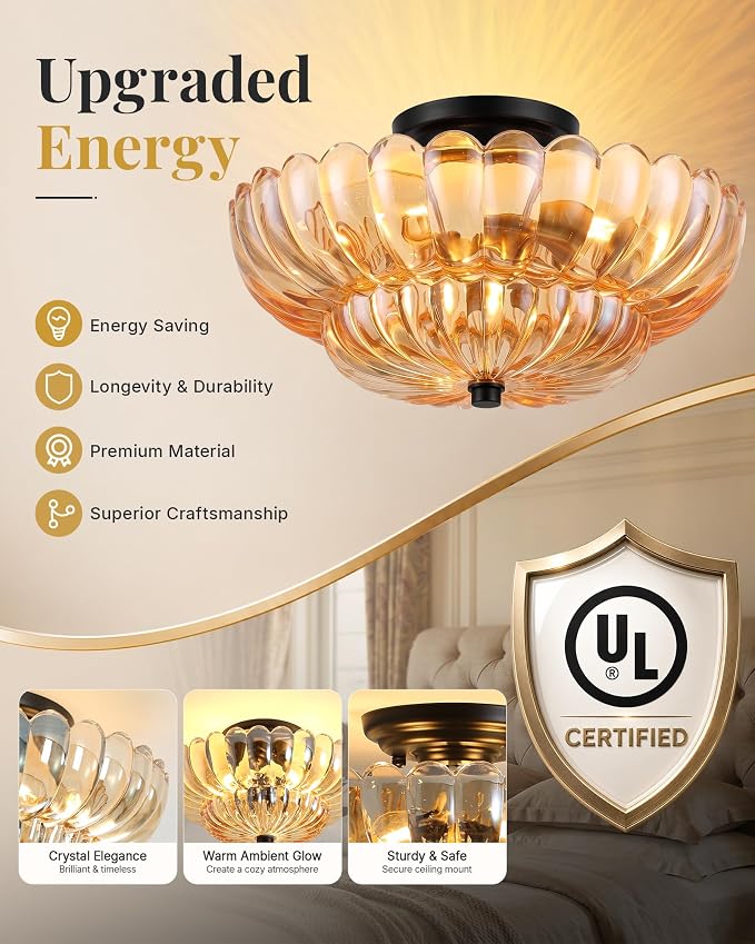 Semi Flush Mount Ceiling Light Fixture 14" Vinatge Black Ceiling Lights Mid Century Modern Glass Close to Ceiling Lighting Fixtures for Bedroom Hallway Kitchen Laundry Room Bathroom Foyer