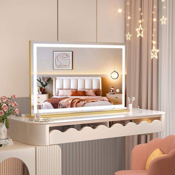 Hasipu Vanity Mirror with Lights, 32" x 22" LED Makeup Mirror, Lighted Makeup Mirror with Dimmable 3 Modes, Touch Screen Control Vanity Mirror Square Gold