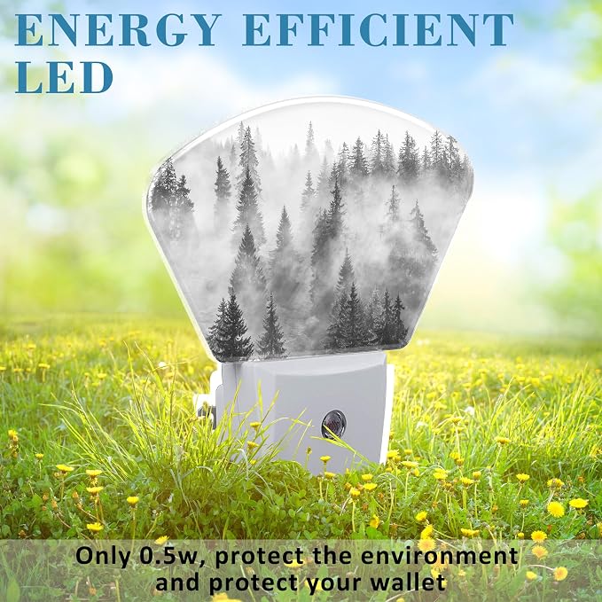 Black White Fog Forest Plug in Night Lights, Misty Forest Nightlight Plug Into Wall Dusk to Dawn Sensor for Kid Girls Boys Women Men Bedroom, Hallway, Kitchen, Bathroom, Stairs Decor