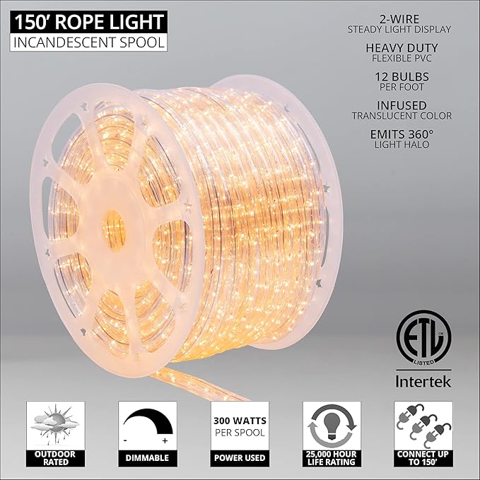 Wintergreen Lighting 150ft 1800-Bulb Incandescent Heavy Duty Rope Light Spool, 120V ETL Indoor Rope Lights Plugin Outdoor Tube Lights ½ Inch, Accessories and Mounting Clips Included, Clear
