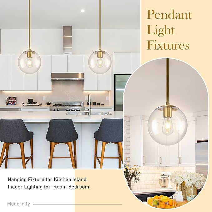 10" Globe Pendant Light Gold 2 Pack Mid Century Pendant Light Globe Pendant Lights Kitchen Island Brushed Brass Finished with Clear Glass Adjustable Ceiling Light Fixtures for Dining Room Bar
